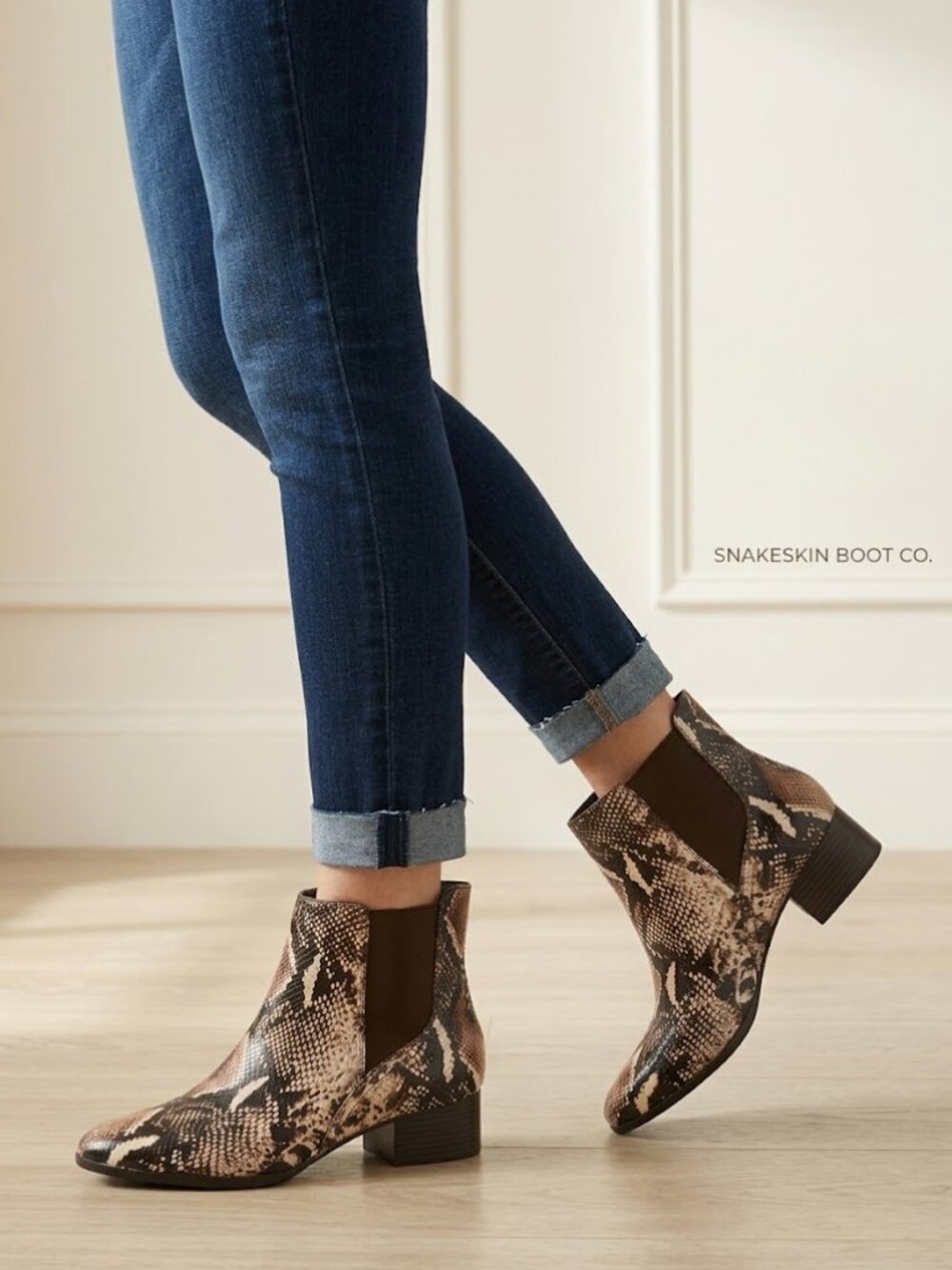 Alex Marie Animal Print Leather upper Chelsea Booties Stacked Heel